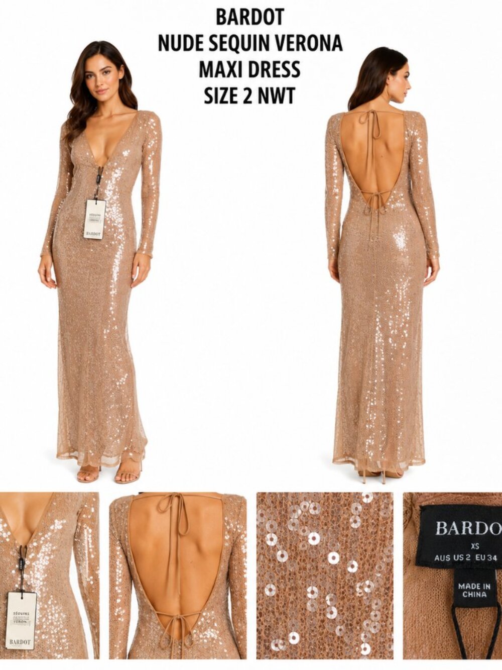 BARDOT NUDE SEQUIN VERONA MAXI DRESS SIZE 2 NWT